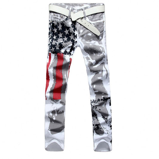 Men Casual American USA Flag Printed Jeans Graffiti Print White Hip-Hop Pants