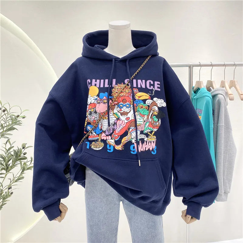 Cartoon Print Hoodies Women Spring Autumn Sweatshirt Fashion Pullover