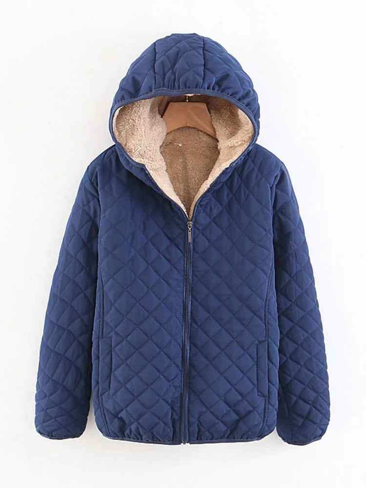 Women Autumn Winter Parkas Coat Jackets Female Lamb Hooded Plaid Long