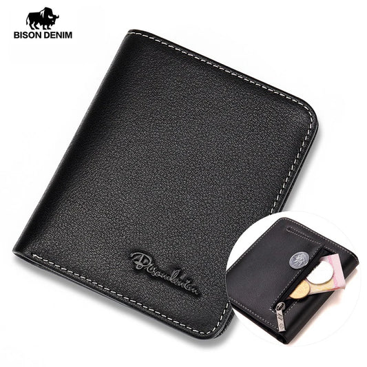 BISON DENIM Men Wallets Black Genuine Leather Purse for Men Business Card Holder