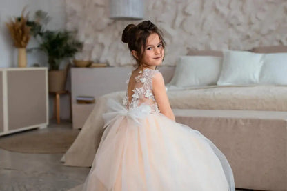 Ivory White Flower Girl Dress Tulle Puffy Detactable Tail Sticker for Wedding Cu