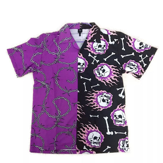 Purple Black Patchwork Vintage Shirt New Summer Men Hawaiian Short Sleeve Shirt