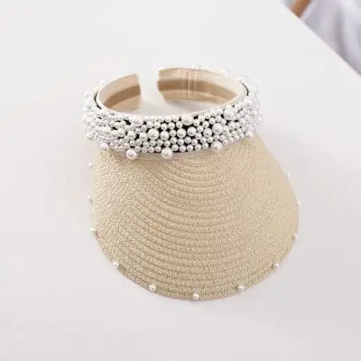 2022 New Pearls Women Summer Hat Female Elegant Pearl Straw Sun Hat