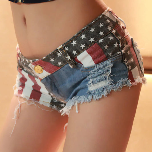 America Flag Denim Jeans Shorts Low Waist Hole Pockets Mini Shorts Pants Jeans