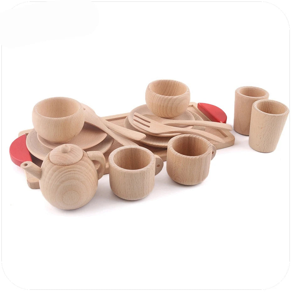 Bopoobo Wooden Montessori Cutlery Pretend Play Tea Set Wooden Educational toy