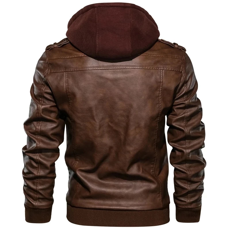 Men's Autumn Winter Motorcycle Leather Jacket Windbreaker Hooded Jackets