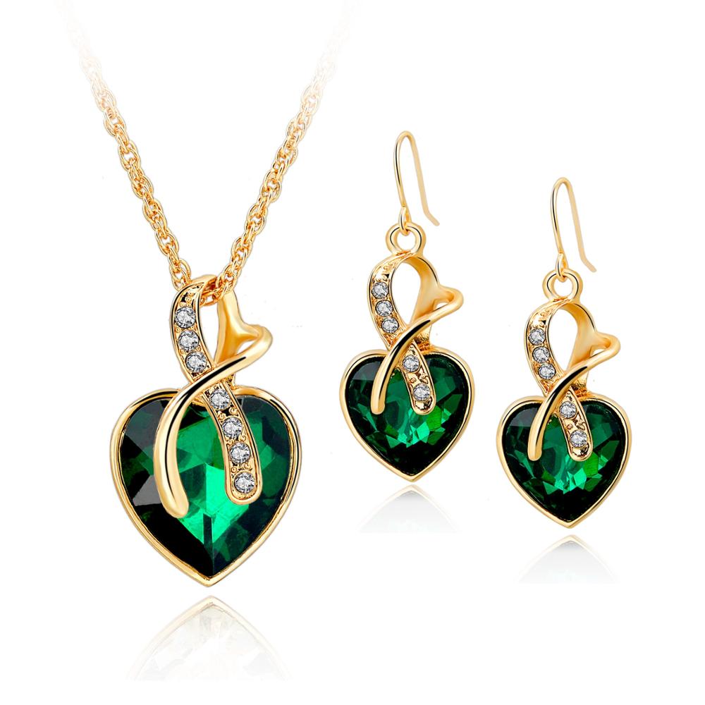 Longway Austrian Crystal Necklace Earrings Set Gold Color Heart Crystal Jewelry