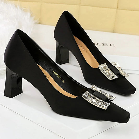 BIGTREE Shoes Square Head Women Pumps Rhinestone Kitten Heels High Heels Shoes