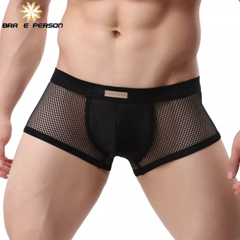 BRAVE PERSON Underwear Men's Boxers Breathable Mesh Hollow Boxer Shorts Sexy