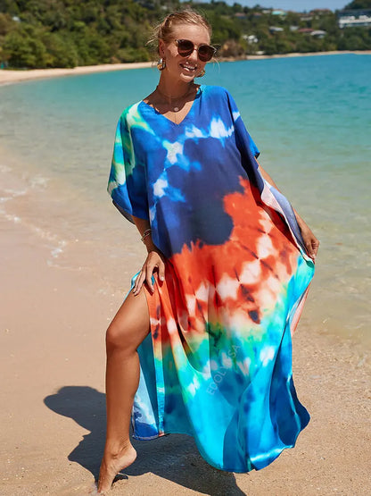 2023 Multicolored Kaftan Bohemian Printed V-Neck Batwing