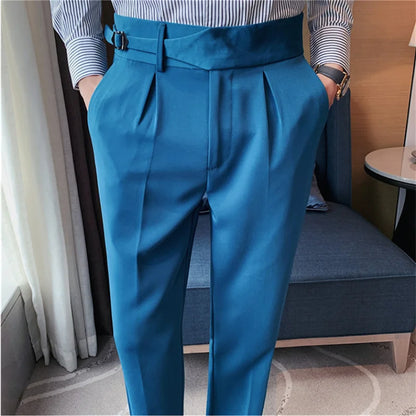 British Style Men Business Casual Dress Pants Men Belt Design Slim Trousers