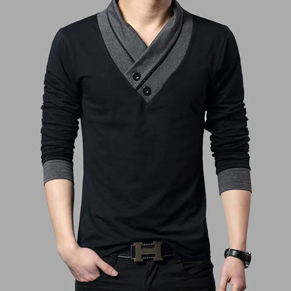 2024 Fashion Brand Trend Slim Fit Long Sleeve T Shirt Men Collar Tee V-Neck