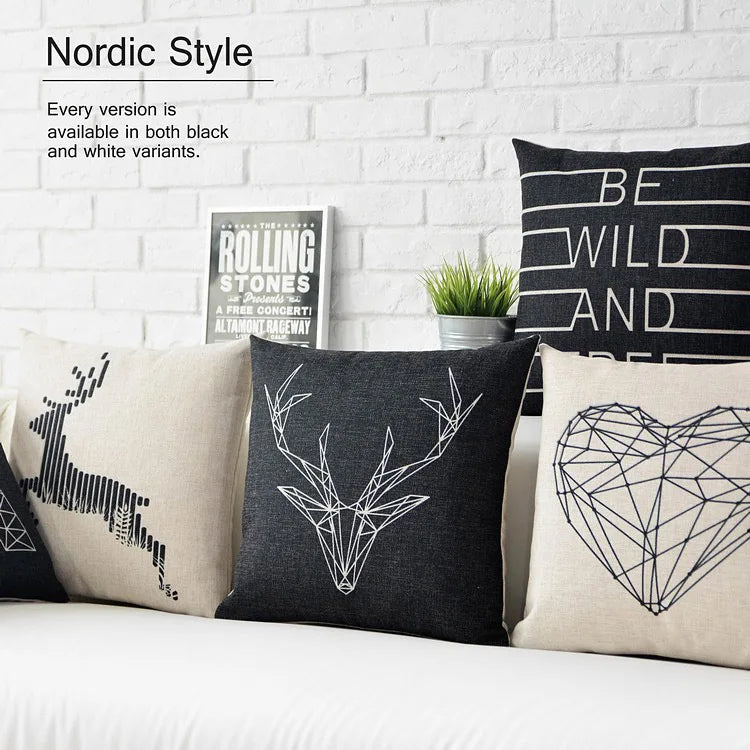 Black White Deer Pillow Nordic Geometric Pillow Cushion Linen  Sofa Cushions