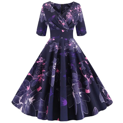 Women Flower Print Autumn Dress Casual Winter Half Sleeve