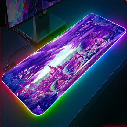 Purple Background Anime City Gaming Mouse Pad RGB Laptop With USB Luminous LED