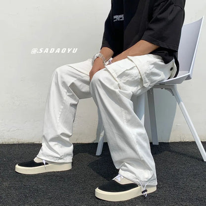 Black/White Cargo Pants Men Fashion Loose Straight Wide Leg Pants