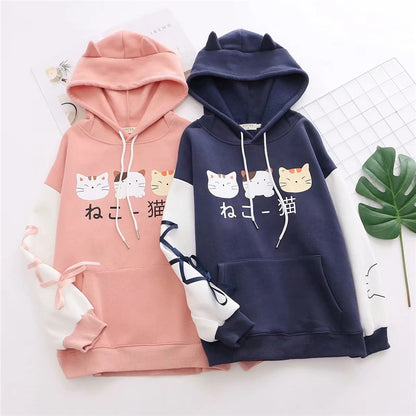 2020 Winter Harajuku Kawaii Women Hoodies Japanese Cute Cat Graphic Girls