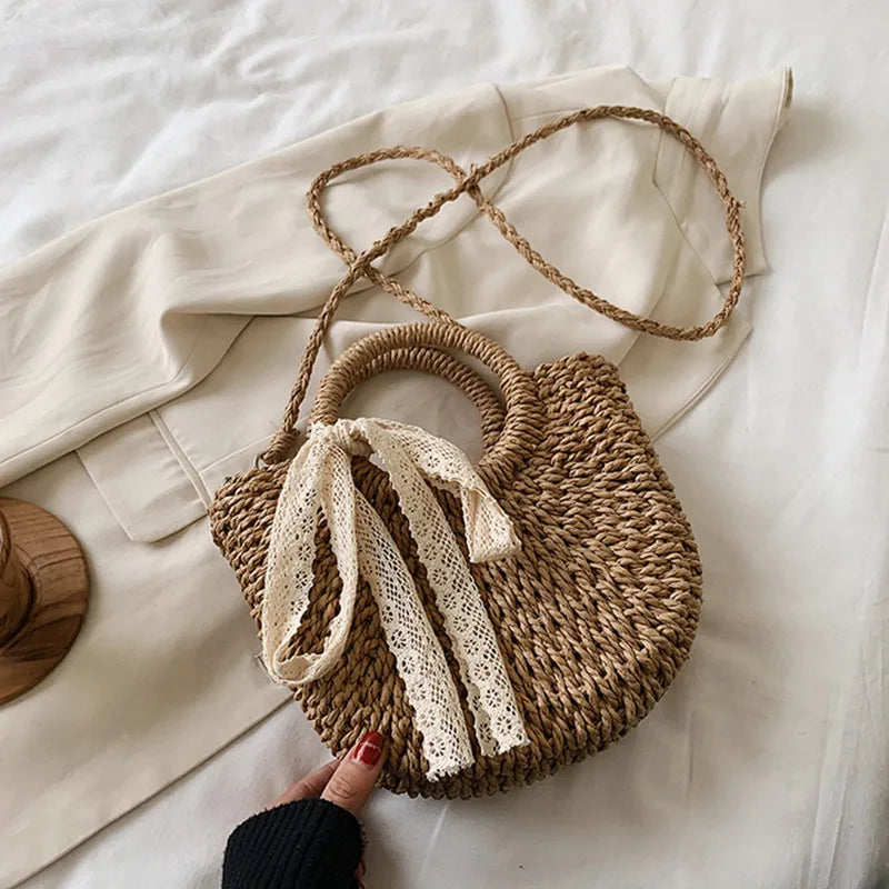 DikizFly Rattan Woven Straw Bag Women Weaving Summer Beach Bags Handmade Half