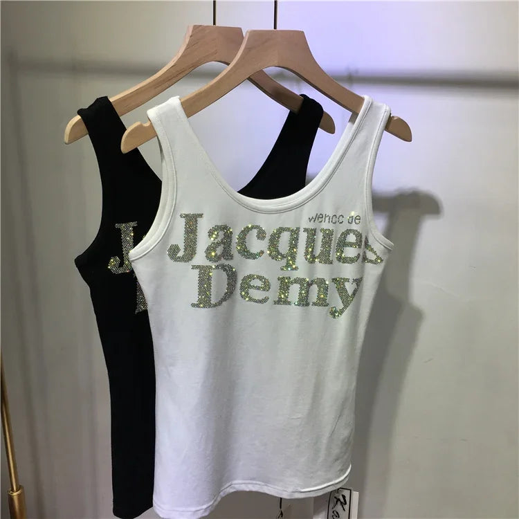 New Fashion Hot Drilling Vest Women's Thin Black Versatile Sling Basic Short