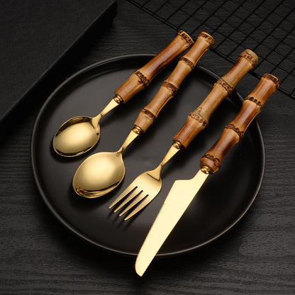 Natural Wooden Handle Spoon Fork Knife Flatware Set 304 Stainless Steel Cutlery