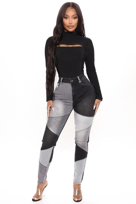 High Waist Women Bottom Skinny Jeans Patchwork Streetwear Pants Tight Trousers