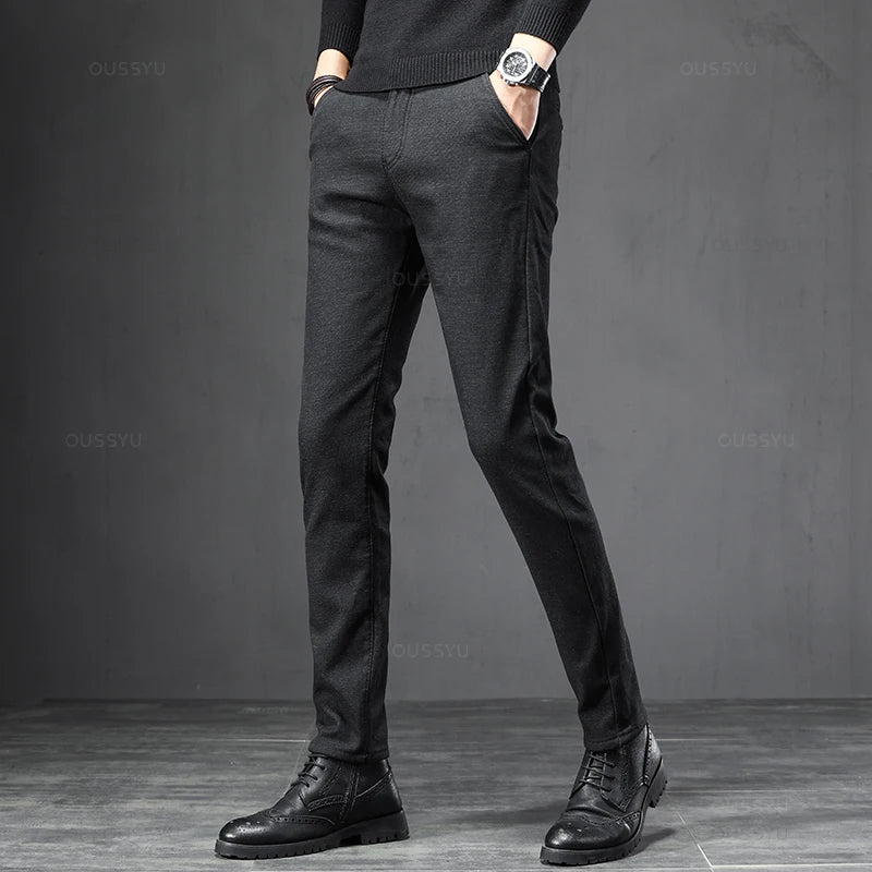 Spring Autumn Business Dress Pants Men Elastic Waist Frosted Fabric Casual