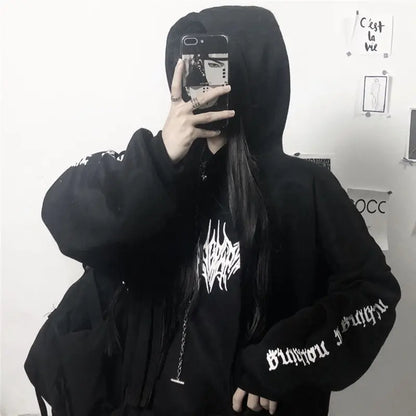 Women Loose Streetwear Black Sweatshirt Knitted Hooded