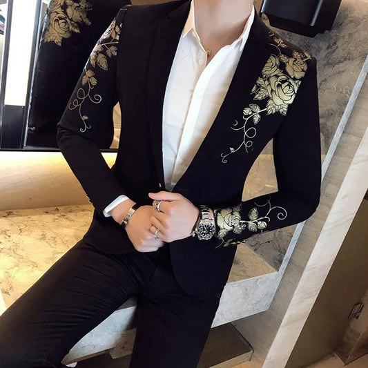 Gold Flower Print One Button Blazer Jacket Men 2023 Brand New Party Wedding