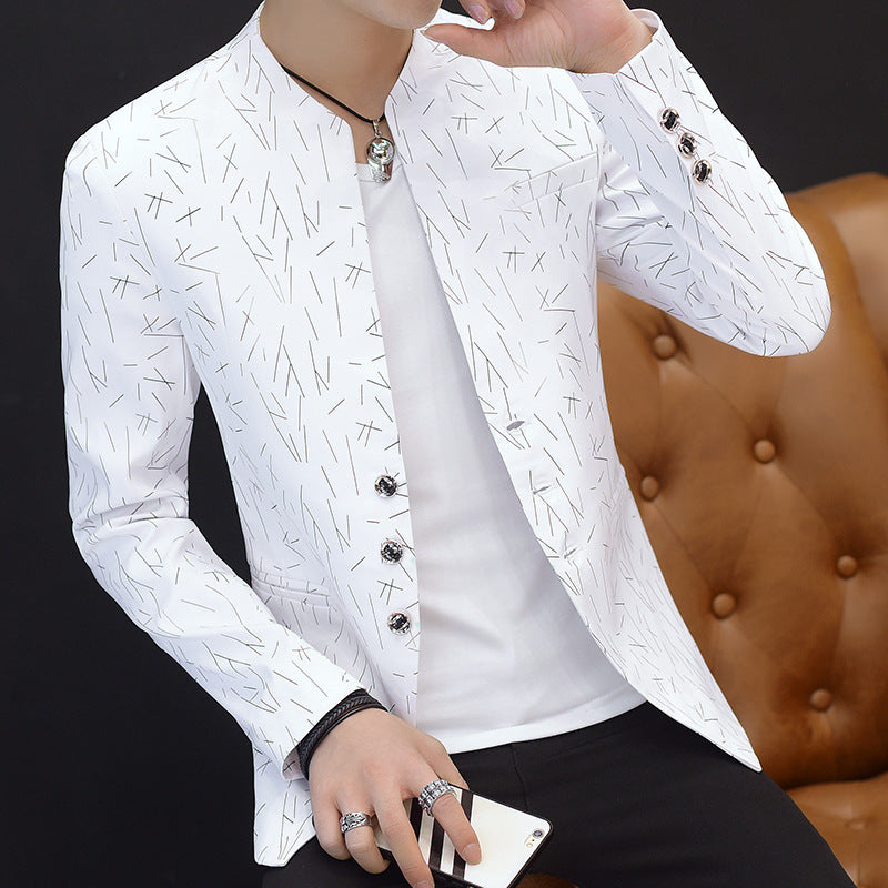 Men Blazer Suit Printed Slim Stand Collar Casual  Mens Suit Thin