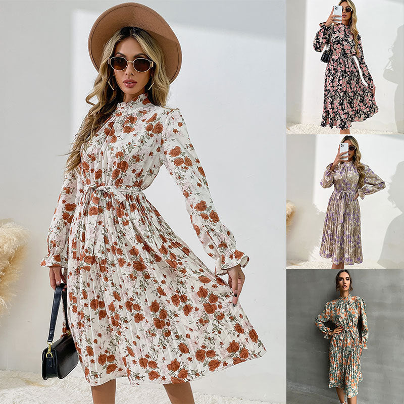 Luxury Dresses Women Elegant Long Sleeve Floral Printed Pleated