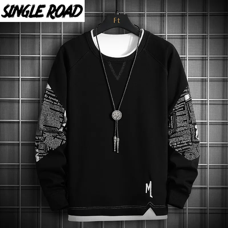 Single Road Crewneck Sweatshirt Men Spring Harajuku Oversized Japanese Black