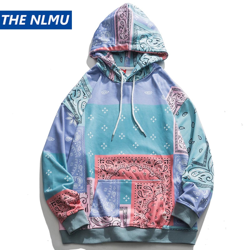 Bandana Patchwork Hoodies Sweatshirts Streetwear Casual Hooded Pullover