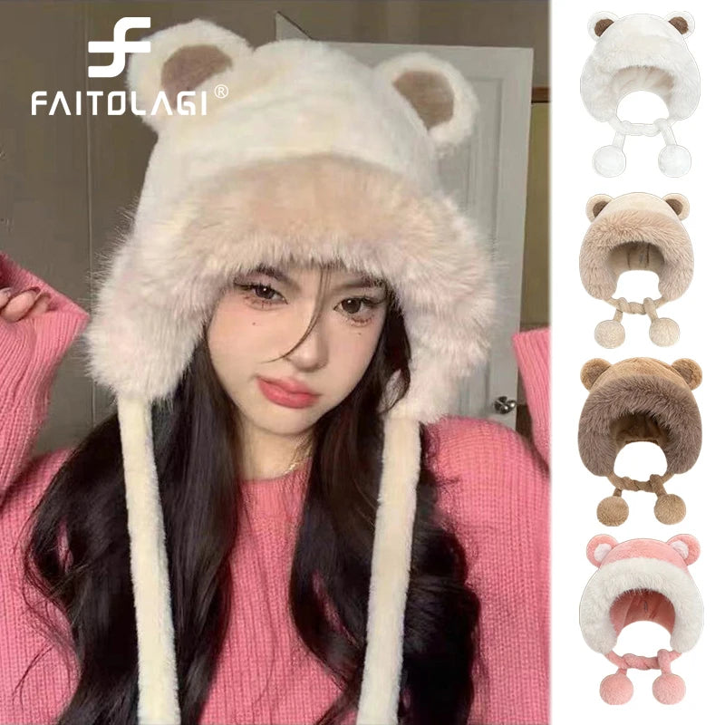 Winter Plush Ear Protection Hat Cartoon Bear Bomber Hats Ski Cycling