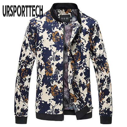 Bomber Jacket Men Spring Autumn Floral Korean Slim Fit Long Sleeve Jackets