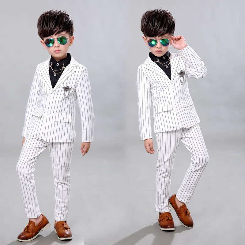 LOLANTA 2Pcs Kids Boys Strip White Black Formal Wedding Dress Suits Casual