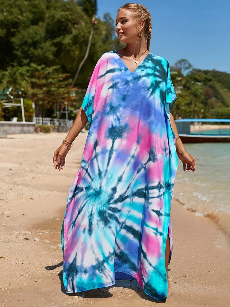 2023 Multicolored Kaftan Bohemian Printed V-Neck Batwing