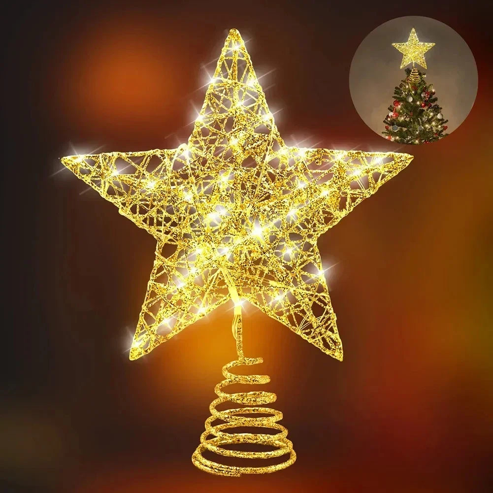 Iron Glitter Christmas Tree Topper Star With LED Copper Lights Merry Christmas