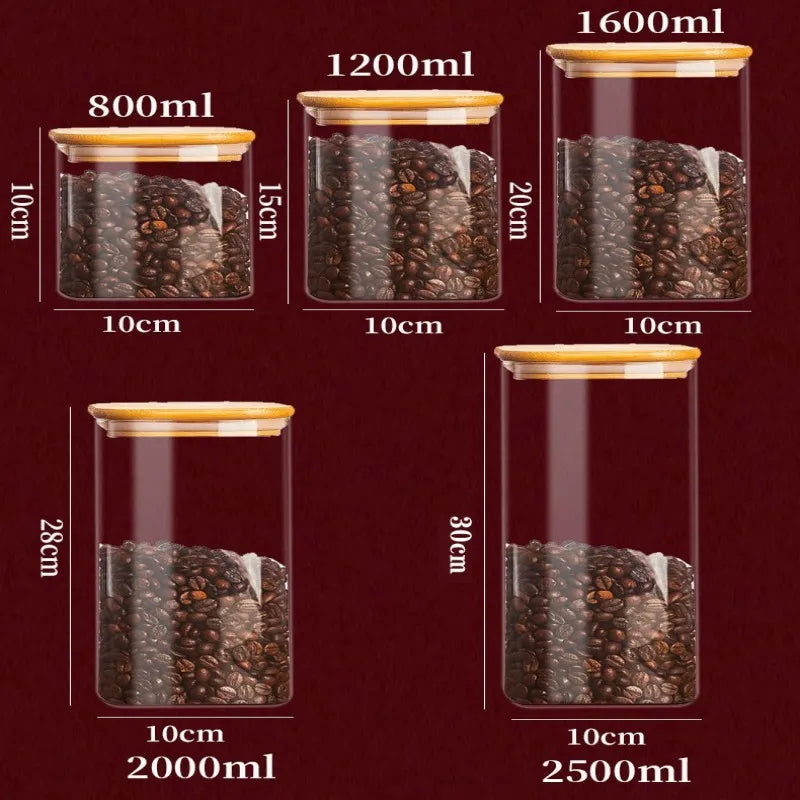 Square Glass Storage Jars With Bamboo Lid for Coffee Beans Grains Food Storage