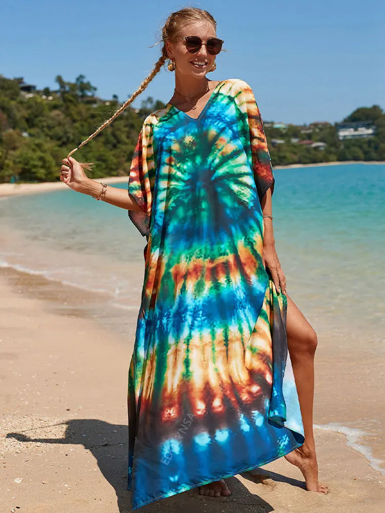 2023 Multicolored Kaftan Bohemian Printed V-Neck Batwing