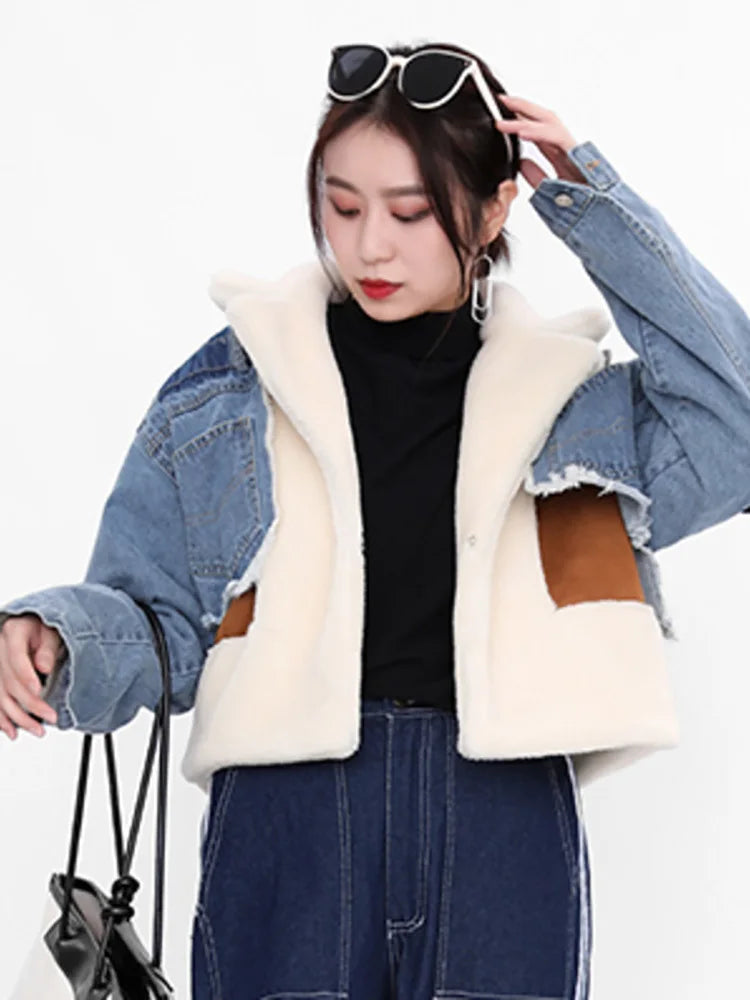 DEAT 2024 Autumn Sheep Fur Turn-Down Collar Full Sleeves Denim Blue