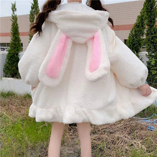 Kawaii Hoodies Women Lambswool Oversized Bunny Ears Long Sleeve