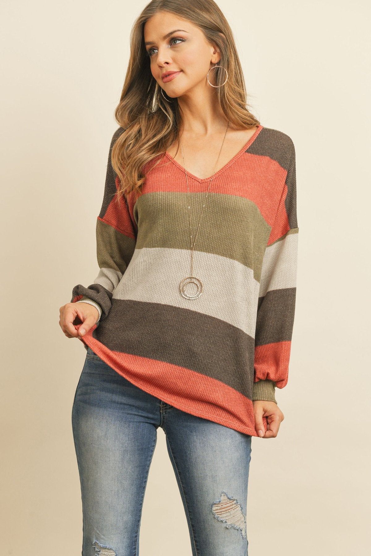 Rib Multicolor Stripes V-Neck Puff Sleeves Top