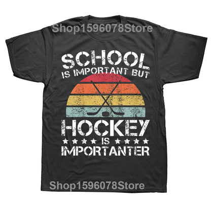 School Is Important but Hockey Is Importanter Ice Hockey T Shirts Short Sleeve