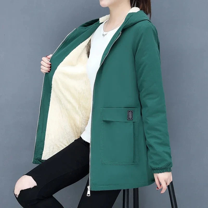 4XL Women Windbreaker Winter Autumn Women's Fleece Jacket Loose Hooded Zipper