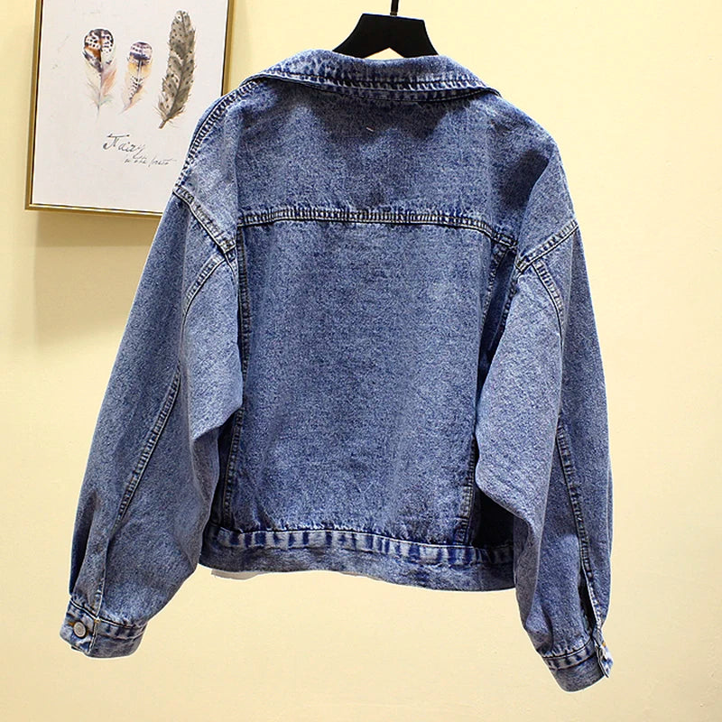 Women Denim Bomber Long Sleeve Jaqueta Tops Loose Vintage Jacket