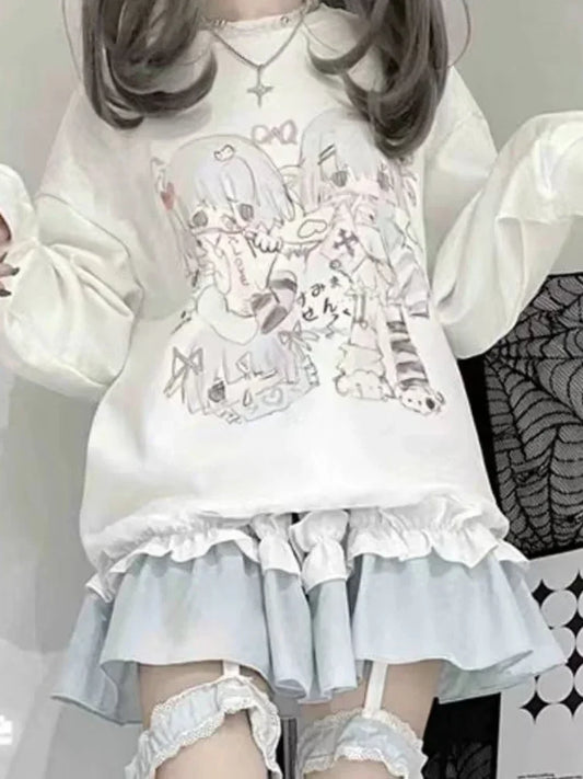 Deeptown Y2k Japanese Harajuku Anime White Hoodie Kawaii Cute Cartoon Streetwear