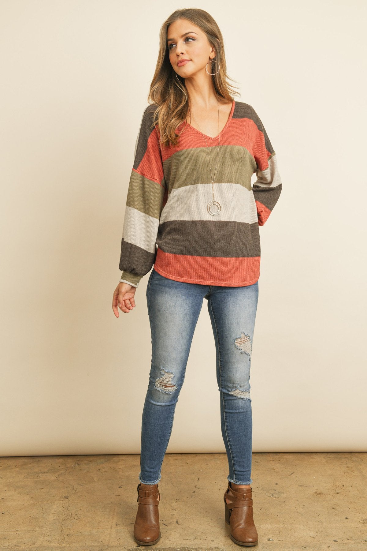 Rib Multicolor Stripes V-Neck Puff Sleeves Top