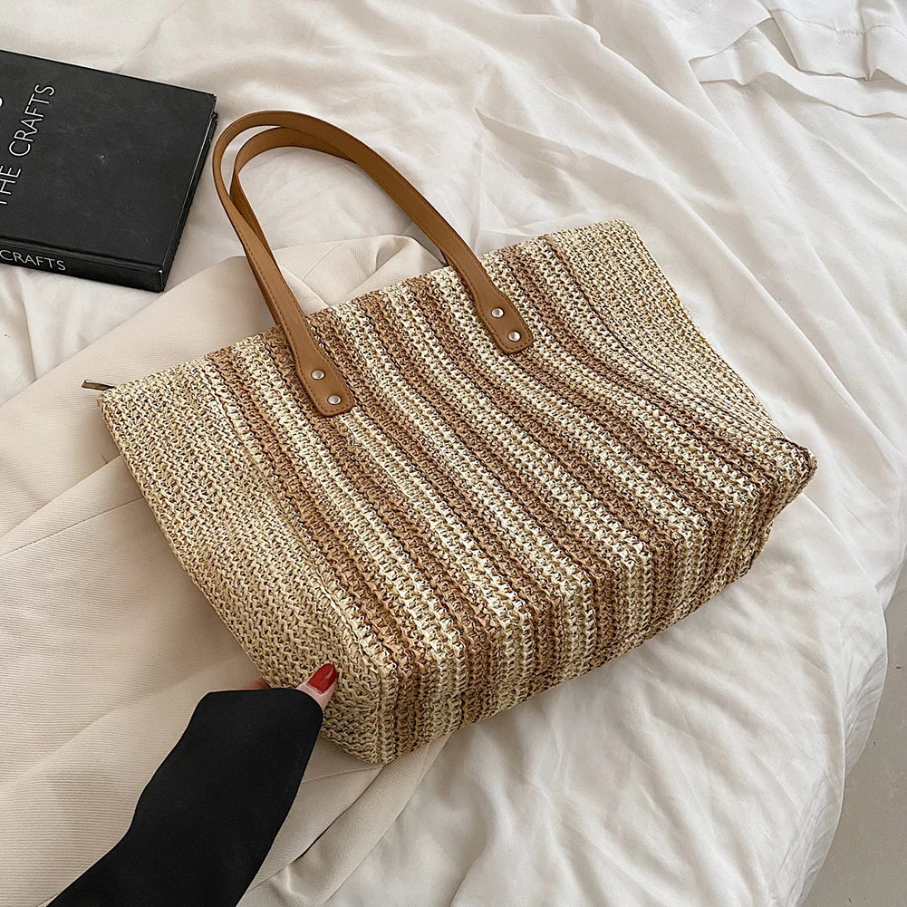 Summer Straw Woven Top-Handle Handbags Casual Large Capacity Women