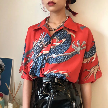 Summer Women Tops Harajuku Blouse Women Dragon Print Short Sleeve Shirt