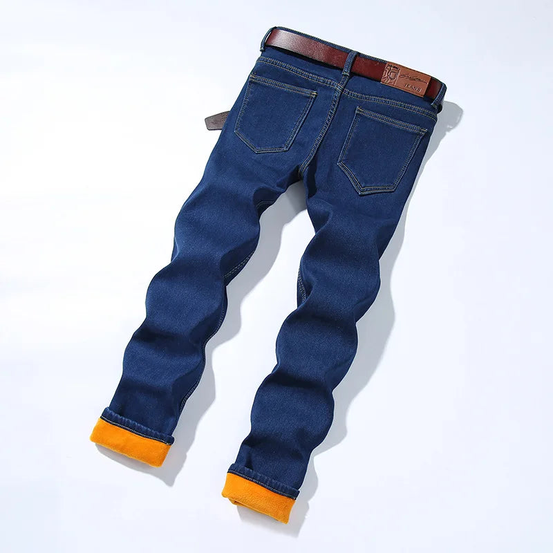 Winter Jeans Men Blue Color Slim Fit Stretch Thick Velvet Pants Warm